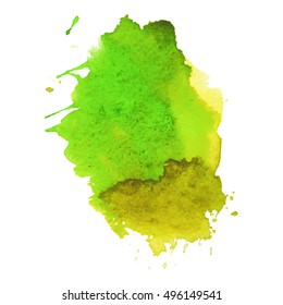Expressive abstract watercolor stain with splashes and drops of yellow green color. Watercolor background