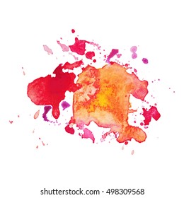 Expressive abstract watercolor stain with splashes and drops of red orange color. Watercolor background