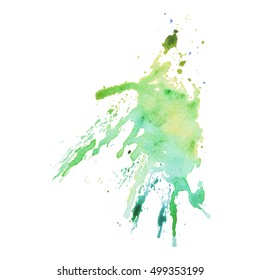 Expressive abstract watercolor stain with splashes and drops of green gradient color. Watercolor background