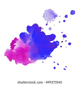 Expressive abstract watercolor stain with splashes and drops of blue pink color. Watercolor background
