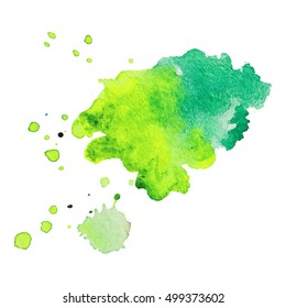 Expressive abstract watercolor stain with splashes and drops of green color. Watercolor background