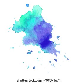 Expressive abstract watercolor stain with splashes and drops of green violet color. Watercolor background