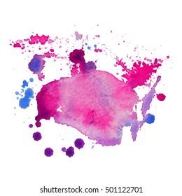 Expressive abstract watercolor stain with splashes and drops of magenta color. Watercolor background