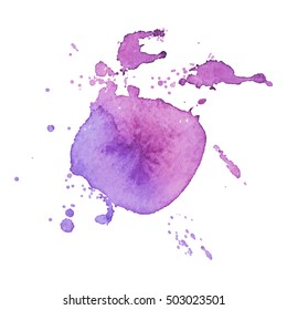 Expressive abstract watercolor stain with splashes and drops of pink color. Watercolor background