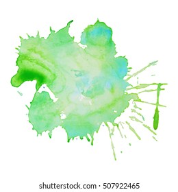 Expressive abstract watercolor stain with splashes and drops of green color. Watercolor background