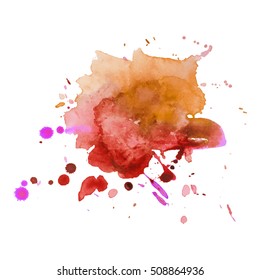 Expressive abstract watercolor stain with splashes and drops of red orange color. Watercolor background