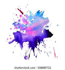 Expressive abstract watercolor stain with splashes and drops of pink violet blue color. Watercolor background
