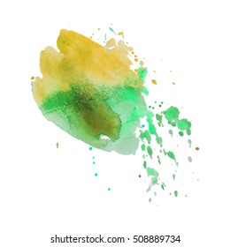 Expressive abstract watercolor stain with splashes and drops of yellow green color. Watercolor background