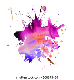 Expressive abstract watercolor stain with splashes and drops of pink violet color. Watercolor background