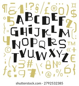 Expressive alphabet and symbol collection showcasing a playful handcrafted typeface with custom punctuation, currency signs and decorative glyphs. A contemporary typographic composition designed to highlight the versatility of an experimental display font for branding