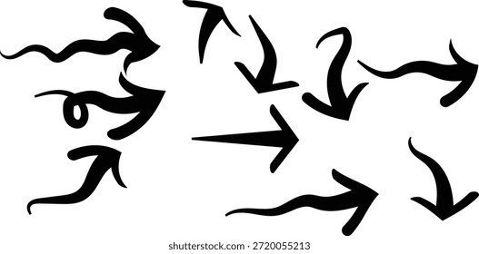 Expressive arrow doodle set with bold curved directional shapes for creative modern vector graphics