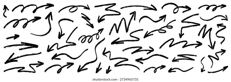 Expressive arrow scribbles featuring dynamic arrow shapes, subtle highlight glows, textured marker shading, fluid brush lines and pen details, combining highlight contrast with marker.