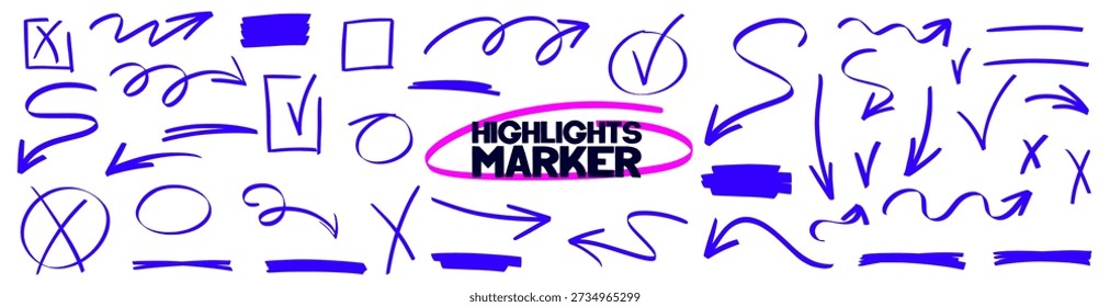 Expressive arrow sketches and underline bands with gritty marker shading and bright highlight layers. Arrow curves repeat underline tracking, merging marker texture and highlight brush style.