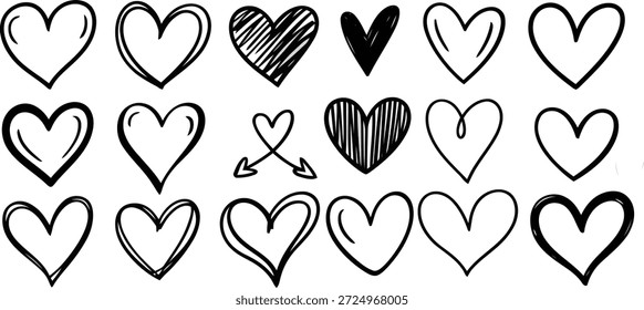 Uma variedade expressiva de contornos de coração desenhados à mão, cada um com um toque artístico distinto, transmitindo sentimentos de amor e afeto.