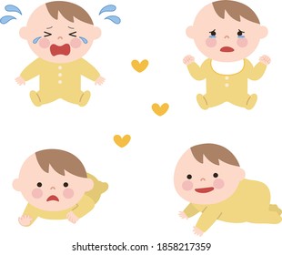 Expressive babies wearing yellow baby clothes. Vector illustration isolated on white background.