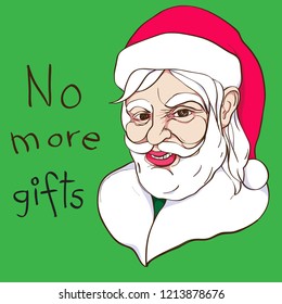 Expressive bad Santa Claus grimacing, hand drawn illustration, comics style joking greetings card for Christmas