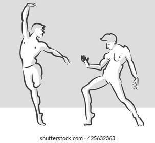 Expressive Ballet Gesuture Pose, Russian Theater Sketch, Free Hand Drawn Vector Halftone Artwork