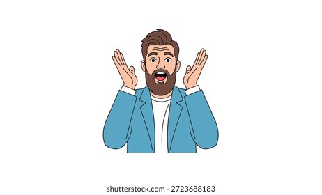 Hombre barbudo expresivo con las manos dramáticamente levantadas en asombro, vistiendo una chaqueta azul elegante, transmitiendo vívidamente sentimientos de shock, sorpresa o emoción intensa.