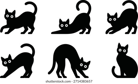 Expresivas siluetas de gato negro con ojos blancos contrastantes en una variedad de posturas activas y curiosas sobre un fondo blanco limpio.