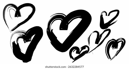 Expressive black hand-drawn heart illustrations on a clean white background. Artistic brushstroke designs ideal for romantic themes, emotional art, greeting cards, Valentine's Day, and modern creative