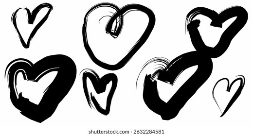 Expressive black hand-drawn heart illustrations on a clean white background. Artistic brushstroke designs ideal for romantic themes, emotional art, greeting cards, Valentine's Day, and modern creative