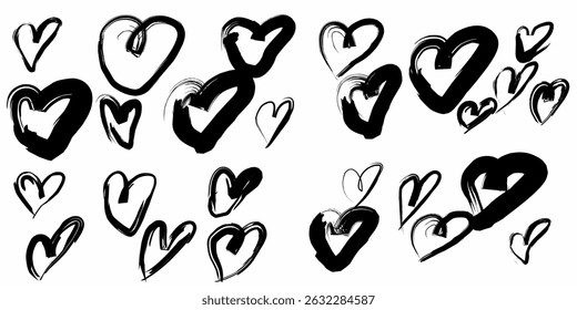 Expressive black hand-drawn heart illustrations on a clean white background. Artistic brushstroke designs ideal for romantic themes, emotional art, greeting cards, Valentine's Day, and modern creative