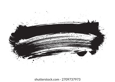 Expressive Black Ink Brush Stroke with Splatter Texture on White Background