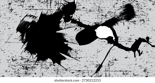Expressive black ink splatters and sweeping brushstrokes create a bold, abstract design on a textured, distressed gray surface, ideal for grunge artwork or graphic elements