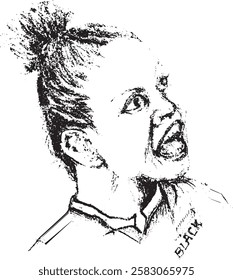 Expressive Black and White Sketch Portrait of a Passionate Female Athlete Shouting – High Energy Sports Illustration