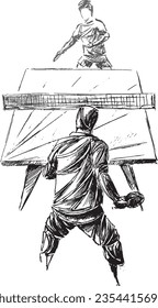 Expressive black and white sketch of two male table tennis players in action, facing off across the table. Bold ink lines emphasize dynamic posture, focus, and competitive intensity in the match scene