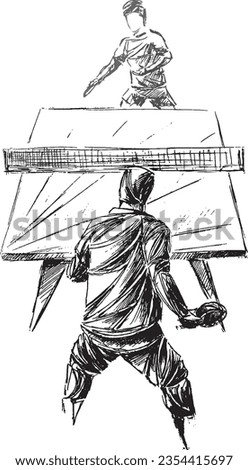 Expressive black and white sketch of two male table tennis players in action, facing off across the table. Bold ink lines emphasize dynamic posture, focus, and competitive intensity in the match scene
