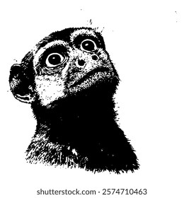 expressive black and white vector illustration of a monkey with wide eyes, showcasing its curious and playful personality through intricate textures and shading.