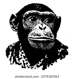 expressive black and white vector portrait of a chimpanzee, highlighting its intelligent gaze and intricate textures for a bold wildlife design