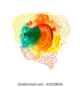 Expressive blob hand drawn abstract background in different colors and linear elements. Festival of colors. Vector illustration. Usable for banners, greeting cards, flyers and posters. Warm colcors