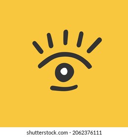 Ilustración vectorial expresiva brillante o impresión en colores contrastantes. Resumen de imagen minimalista en forma de un maravilloso ojo de caricatura con pestañas en un fondo amarillo