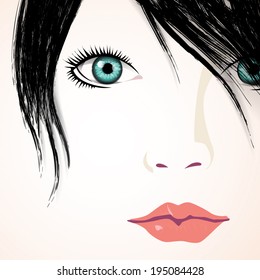 Expressive brunette woman's face. Vector illustration