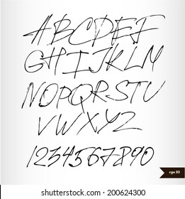 Expressive calligraphic script.Vector hand drawn alphabet.Hand drawn letters.Alphabet Font.Handwritten black watercolor alphabet and numbers