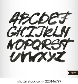 Expressive calligraphic script.Vector hand drawn alphabet.Hand drawn letters.Alphabet Font.Handwritten calligraphic black watercolor alphabet