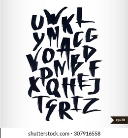 Expressive calligraphic script.Vector hand drawn alphabet.Hand drawn letters.Alphabet Font.Handwritten calligraphic black watercolor alphabet