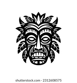 Expressive and captivating hand drawn illustration of a wooden Tiki mask, embodying the mystique and charm of Polynesian culture