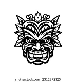 Expressive and captivating hand drawn illustration of a wooden Tiki mask, embodying the mystique and charm of Polynesian culture