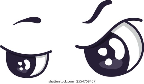 Expressive cartoon eyes convey a range of emotions, featuring a playful winking eye alongside a suspicious or angry eye, creating a humorous and engaging visual experience