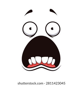 Expressive cartoon face with fright and screaming emotion. Funny character with oversized popping eyes and enormous open mouth with teeth and red gums. Retro groovy personage for Halloween party