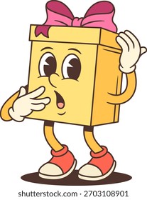 Ilustración vectorial expresiva de la mascota del personaje de la caja de regalo de la historieta. Cubrirse la boca con la mano en un gesto sorpresa. Reacción impactada por evento sorpresa de promoción publicitaria. Concepto emocional dramático