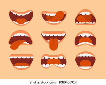 Expressive cartoon human mouth with tongue and teeth. Vector set for making character faces. Illustration of mouth and tongue, expression cartoon and emotion