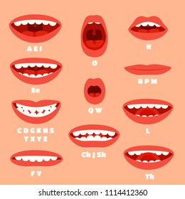 Expressive Cartoon Mouth Articulation, Talking Lips Animations. Lip Sync Animation Phonemes For Say Expression Affront, Speaking And Animated Characters Talk Accents Vector Set