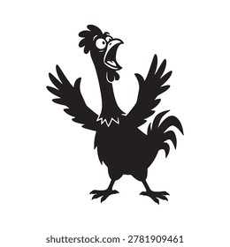 Expressive cartoon rooster silhouette in a vocal pose against a clean white backdrop. Ideal for graphic design projects needing humorous or energetic element.