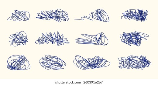 Expressive Chaotic Lines and Abstract Loops in Blue Ink Style. Hand-Drawn Scribble Shapes Collection on Soft Beige Background. Perfect for modern art prints, design textures, creative illustrations