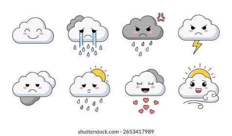 Expressive clouds depicting various weather conditions and emotions with cute pixel art style