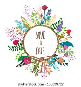 Expressive colorful Frame "Save The Date" surrounded by field flowers on white background